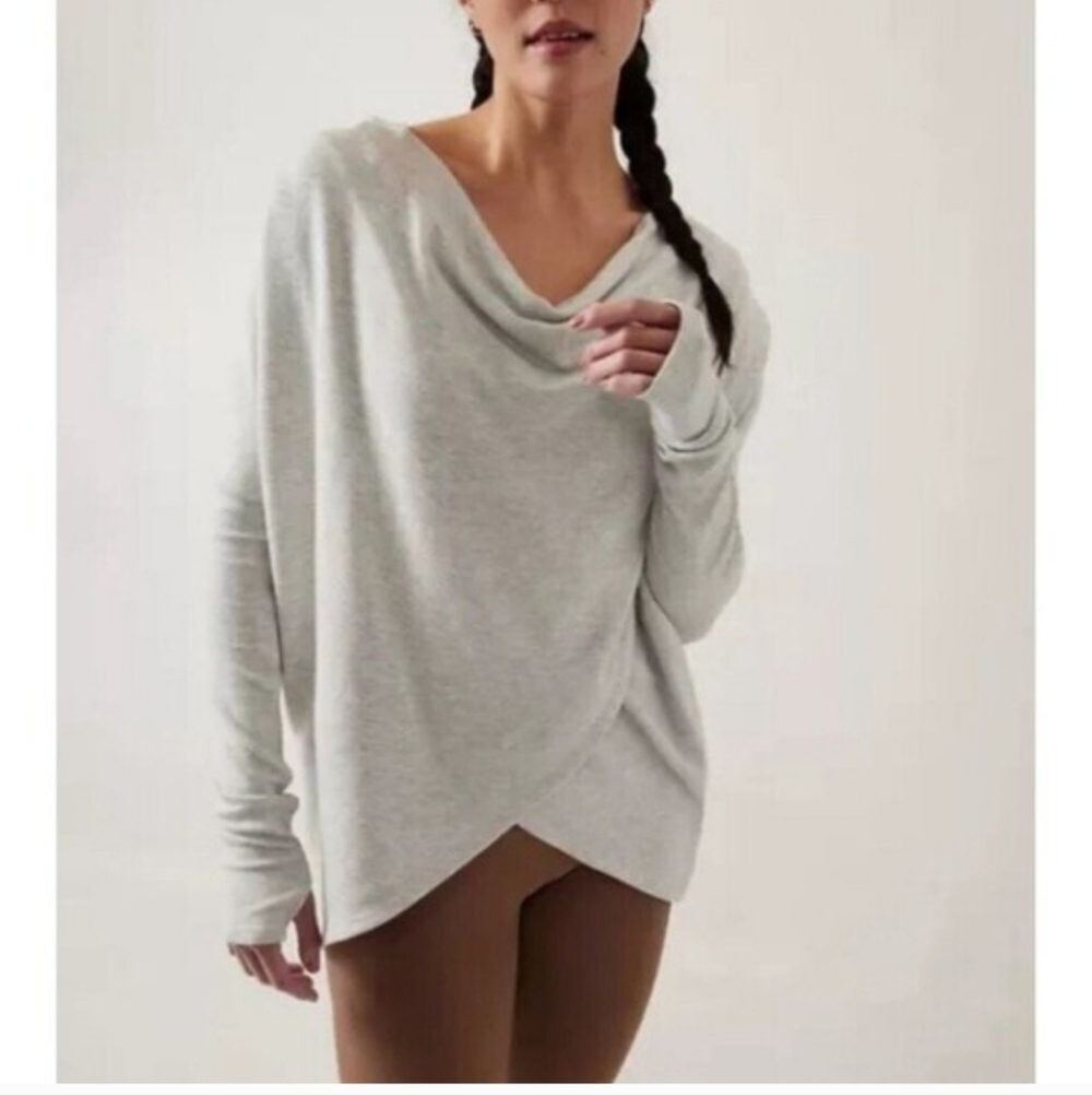Athleta Light Gray Draped Wrap Front Sweater